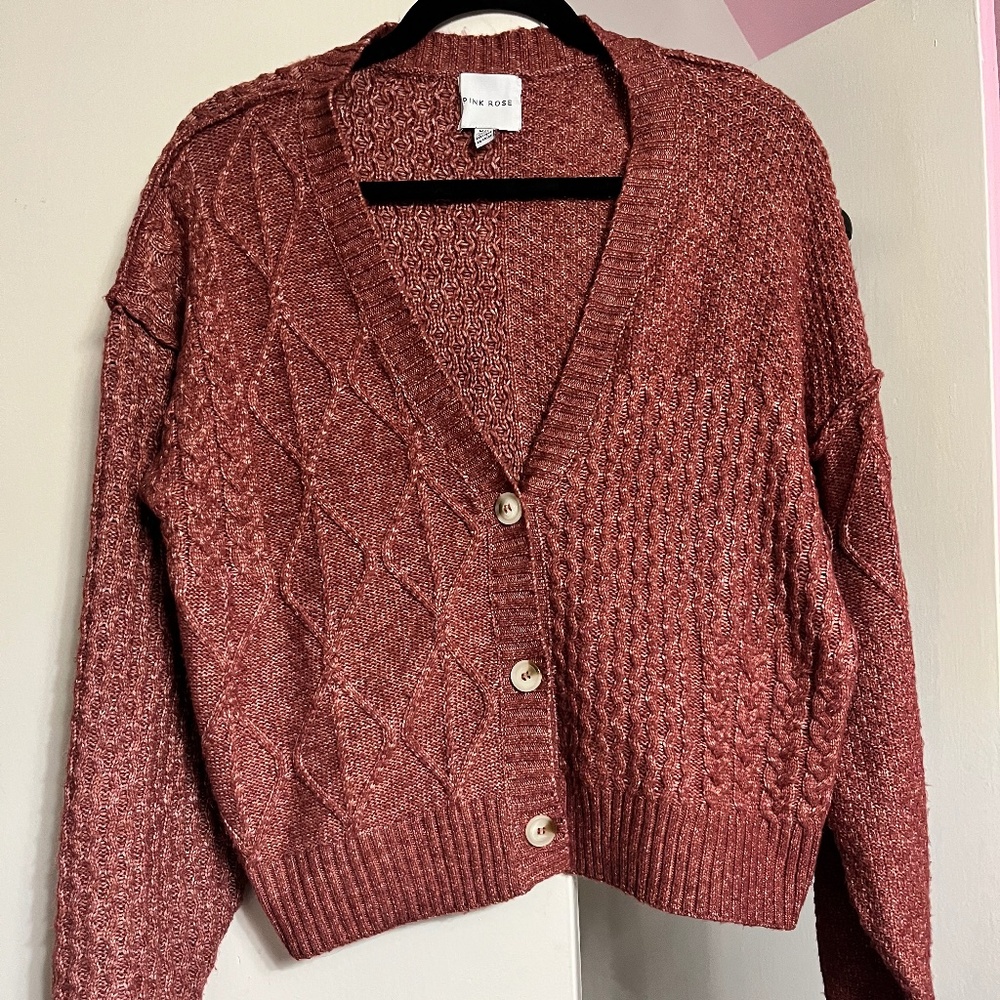 PINK ROSE BURGUNDY BUTTON UP FALL KNIT CARDIGAN SIZE MEDIUM